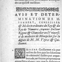 0084 - Page 58 - Auis et determination de M. Ioubert, Conseiller & Medecin ordinaire du Roy & du Roy de Nauarre, premier Docteur Regent & Chancelier en l'Uniuersité de medecine de Montpelier, sur la dispute de M. M. Veyras & Guilhemet