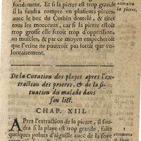 0135 - Page 117 - De la curation des playes apres l'extraction des pierres, & de la situation du malade dans son lict. Chap. XIII