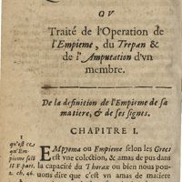 0166 - Page 148 - Quatrième Partie ou Traité de l'operation de l'empième, du trepan & de l'amputation d'un membre. De la definition de l'empième, de sa matiere, & de ses signes. Chapitre I