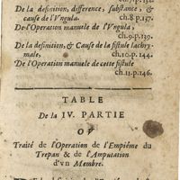 0225 - Page sans numérotation - Table de la IV Partie ou Traité de l'operation de l'empième du trepan & de l'amputation d'un membre