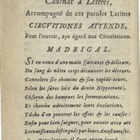 0028 - Page sans numérotation - Devise dont le corps represente un Cadenat à Lettres, accompagné des ces paroles Latines Circuitiones Attende [...] / Madrigal
