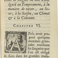 0081 - Page 51 - Dans la saignée on doit avoir égard au temperament, à la maniere de vivre, au sexe, à la saison, au climat & à la coûtume. Chapitre VI