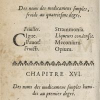 0096 - Page 36 - Chapitre XV. Des noms des medicamens simples, froids au quatriesme degré / Chapitre XVI. Des noms des medicamens simples humides au premier degré