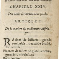 0133 - Page 73 - Chapitre XXIV. Des noms des medicamens froids. Article I. De la matiere des medicamens adstrigens