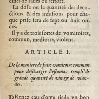 0310 - Page 250 - Article I. De la maniere faire vomitoire commun pour descharger l'estomac rempli de grande quantité de vin & de viandes
