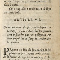 0401 - Page 341 - Article VII. De la maniere de faire cataplasme repercussif: pour rafraichir les parties fort enflammées par un phlegmon & pour empescher le sang de cousler sur la partie
