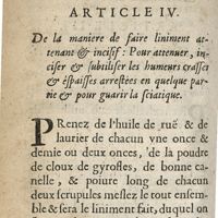 0418 - Page 358 - Article IV. De la maniere de faire liniment attenant & incisif: pour attenuer, inciser & subtiliser les humeurs crasses & épaisses arrestées en quelque partie & pour guarir la sciatique