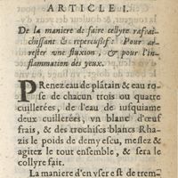 0525 - Page 465 - Article I. De la maniere de faire collyre rafraichissant & repercussif: pour arrester une fluxion, & pour l'inflammation des yeux