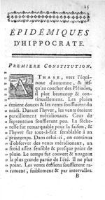 [Lettrine : A] - Epidémiques d'Hippocrate traduites du grec, avec des Réflexions sur les Constitutio [...]