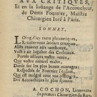 0024 - Page sans numérotation - Aux critiques, en en la loüange de l'accoucheur, de Denis Fournier, Maistre Chirurgien Iuré à Paris. Sonnet
