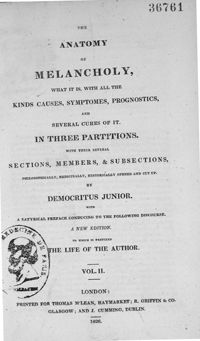 0001 - Page sans numérotation - Page de titre : The anatomy of melancholy, what it is, with all the kinds causes, symptomes, prognostics, and several cures of it. Vol. II