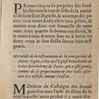 0097 - Page 75 - Pour guarir ceux qui tombent du haut mal caduc par la vertu de l'arbre des noix / Merueille de la restauration de la veuë perduë de Pierre Pepin, ...