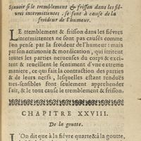 0109 - Page 89 - Chapitre XXVII. Sçauoir si le tremblement & frisson dans les fièvres intermittentes, se font à cause de la froideur de l'humeur / Chapitre XXVIII. De al goutte