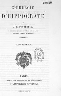 0001 - Page sans numérotation - Page de titre : Chirurgie d'Hippocrate. Tome premier