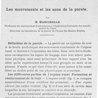 0011 - Page 11 - Les mouvements et les sons de la parole, par M. Marichelle. Définition de la parole. Les différentes parties de l'organe vocal. Différenciation du son vocal : syllabe, voyelle, consonne