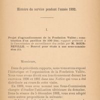0074 - Page 73 - Histoire du service pendant l'année 1892. I – Projet d’agrandissement de la Fondation Vallée ; Construction d'un pavillon de 100 lits