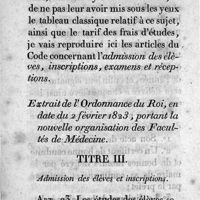 0011 - Page xj - Extrait de l'ordonnance du Roi en date du 2 février 1823. Titre III. Admission des élèves et inscriptions