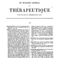 0003 - Page 3 - Table générale et alphabétique des matières contenues dans les volumes XIII à XXIV inclusivement du bulletin général de thérapeutique médicale et chirurgicale. Abaissement. / Abcès. / Abdomen. / Ablation. / Abricots. / Absinthe maritime. / Académie