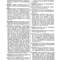 0034 - Page 34 - Table générale et alphabétique des matières contenues dans les volumes XIII à XXIV inclusivement du bulletin général de thérapeutique médicale et chirurgicale. Leucorrhées. / Lèvre. / Lèvres. / Lichen. / Ligaments. / Ligature. / Limaçon. / Lin. / Liniment. / Liqueur. / Liquides. / Lit. / Lithotomie. / Lithotritie. / Livres. / Lixiviation. / Loi. / Longueur. / Lotions. / Luxation