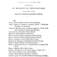 0077 - Page 77 - Médecins chirurgiens et pharmaciens des départements qui ont participé à la rédaction des tomes XIIIme à XXIVme inclusivement du bulletin de thérapeutique par des articles spéciaux ou par des articles de correspondance médicale. Alaman. / Alquié. / Aubergier. / Audouard père. / Bellenger. / Bernard. / Blaud. / Bonnet. / Bouchacourt. / Bouillod. / Boutigny. / Bridel. / Cabissol. / Cade. / Carlier. / Carrière. / Chabanon. / Chardon (C.-E.). / Charvet. / Chrétien