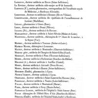 0079 - Page 79 - Médecins chirurgiens et pharmaciens des départements qui ont participé à la rédaction des tomes XIIIme à XXIVme inclusivement du bulletin de thérapeutique par des articles spéciaux ou par des articles de correspondance médicale. Jacquinet. / Joliet. / Jouffroy. / Lablache. / Lafargue. / Langevin. / La Rivière. / Lartigue (F.). / Lemonnier. / Lemontagner. / Lepage. / Lison. / Lugeol (Fr). / Margariteau. / Martineng. / Mathey. / Mathias Mayor. / Maurin. / Meirieu père. / Michelet. / Michel. / Mirande (A.). / Morin. / Morin. / Mouchon (Émile). / Nicod-d'Arbent. / Ordinaire. / Padioleau. / Palais. / Paris. / Passaguay Ludger. / Payan. / Péreyra (Émile). / Perrin (Célestin). / Petel. / Petrequin