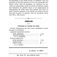 0036 - Page 32 - Revue des travaux français et étrangers. Maladies vénériennes. Association du mercure et de l'arsenic dans le traitement de la syphilis par les injections. / Formulaire. Traitement de l'eczéma des mains