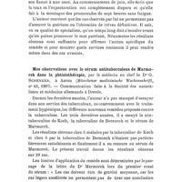 0158 - Page 154 - Revue des travaux français et étrangers. Tuberculose. Traitement spécifique de la tuberculose par l'immunisation, par M. le Dr Elsaesser... (Zeitschrift für Tuberculose, Band XI, Heft, 4). / Mes observations avec le sérum antituberculeux de Marmorek dans la phtisiothérapie, par le médecin en chef le Dr G. Schenker... (Münchener medicinische Wochensehrift, n° 43, 1907)