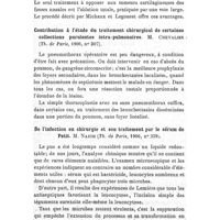 0192 - Page 188 - Revue des thèses. Par Mme P. Laborie. Contribution à l'étude des enchondromes des fosses nasales et de leur traitement. M. Mathieu (1906). / Contribution à l'étude du traitement chirurgical de certaines collections purulentes intra-pulmonaires. M. Chevalier (1906). / De l'infection en chirurgie et son traitement par le sérum de Petit. M. Nazim (1906)