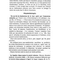 0322 - Page 318 - Revue des travaux français et étrangers. Pharmacologie. Observations chimiques sur l'action de l'atoxyl sur le cours de la fièvre récurrente. / Physiothérapie. Un cas de tic douloureux de la face guéri par l'ionisation salicylée, par Verny (Ann. d'électrobiologie et de radiologie ; rep. par Rev. de Thérap.). / La lumière bleue contre le prurit vulvaire. Minine (Semaine médicale, 10 octobre 1906)