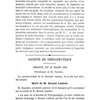 0544 - Page 526 - Thérapeutique générale. Considérations sur la phtisie, par le Dr René Coüetoux. / Société de thérapeutique. Séance du 25 mars 1908. / Mort de M. Ernest Labbée