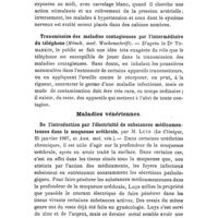 0738 - Page 714 - Revue des travaux français et étrangers. Hygiène et toxicologie. Influence de la couleur et de la lumière dans les salles de bains (Gaz. des eaux). / Transmission des maladies contagieuses par l'intermédiaire du téléphone (Münch. med. Wochenschrift). / Maladies vénériennes. De l'introduction par l'électricité de substances médicamenteuses dans la muqueuse uréthrale, par M. Luys (La clinique, 25 janvier 1907, et Ann. mal. vén.)