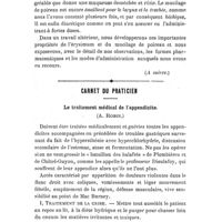 0066 - Page 62 - Société de thérapeutique. Séance du 23 décembre 1908. A l'occasion du procès-verbal. II. - Note sur les propriétés thérapeutiques pharyngo-laryngiennes de deux médicaments méconnus : l'érysimum et le mucilage de poireau, par le Dr Saintignon. (A suivre.). / Carnet du praticien. Le traitement médical de l'appendicite. (A. Robin.)