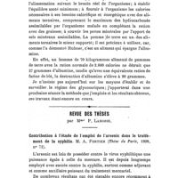 0152 - Page 148 - Société de thérapeutique. Séance du 13 janvier 1909. Discussion. Utilité de la restriction de l'alimentation alimentaire globale chez les diabétiques, par le Dr Linossier... / Revue des thèses, par Mme P. Labobie. Contribution à l'étude de l'emploi de l'arsenic dans le traitement de la syphilis. M. A. Fortier (1908)