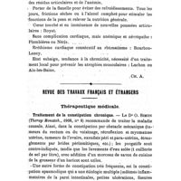 0632 - Page 628 - Carnet du patricien. Le rhumatisme articulaire aigu. (A. Robin.). / Revue des travaux français et étrangers. Thérapeutique médicale. Traitement de la constipation chronique