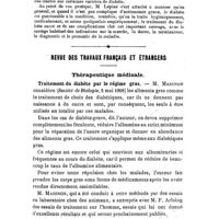 0715 - Page 711 - Bibliographie. Le diabète sucré, par R. Lépine... (Félix Alcan, éditeur.). / Revue des travaux français et étrangers. Thérapeutique médicale. Traitement du diabète par le régime gras