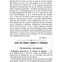 0909 - Page 905 - Société de thérapeutique. Séance du 26 mai 1909. Communications. (Suite.). V. - Isotonie des eaux minérales à injecter réalisée par les sucres, par C. Fleig. (A suivre.). / Revue des travaux français et étrangers. Thérapeutique chirurgicale. Traitement opératoire de la maladie de Basedow