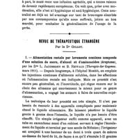 0067 - Page 63 - Variétés. Le maté. / Revue de thérapeutique étrangère. Par le Dr Gillot. I. - Alimentation rectale par lavements continus composés d'une solution de sucre, d'alcool et d'aminoacides (éreptone), par les Drs L. Jacobsohn et B. Rewald (Therapie der Gegenw. mars 1911)