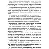 0188 - Page 186 - Revue des thèses. Par Mme P. Laborie. Techniques chirurgicales, suites opératoires et résultats de la trépanation décompressive dans le syndrome d'hypertension crânienne. - M. Louis Poisson. (1910). / Les fractures de la tête du radius et leur traitement chirurgical. - M. André-Nicolas Rabourdin. (1910). / L'opération de R. Robinson dans la cure radicale des varices. - M. Gaston Mouflet. (1910). / De la résection de l'intestin grêle dans la gangrène herniaire. - M. Georges Dehelly. (1910)