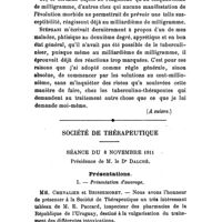 0818 - Page 816 - Hôpital Beaujon. - Clinique thérapeutique. Traitement de la tuberculose, par le Professeur Albert Robin... (A suivre.). / Société de thérapeutique. Séance du 8 novembre 1911. Présentations. I. - Présentation d'ouvrage