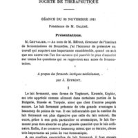 0855 - Page 853 - Société de thérapeutique. Séance du 22 novembre 1911. Présentations. / A propos des ferments lactiques médicinaux, par J. Effront