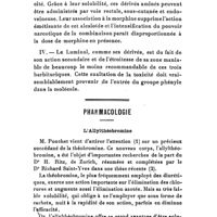 0080 - Page 76 - Pharmacodynamie. Recherches comparatives sur l'action pharmacodynamique des dérivés de l'acide barbiturique. Par M. Thomas Alday Redonnet. / Pharmacologie. L'allylthéobromine