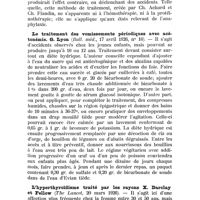 0093 - Page 89 - Analyses. Sujets divers. L'autosérothérapie désensibilisatrice. Ch. Flandin (Bulletin méd., 8-11 décembre 1926, n° 51, p. 1393). / Le traitement des vomissements périodiques avec acétonémie. G. Lyon (Bull. méd., 17 avril 1926, n° 16). / L'hyperthyroïdisme traité par les rayons X. Darclay et Fellow (The Lancet, 20 mars 1926)