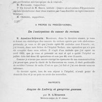 0022 - Page 2 - Séance du 9 Janvier 1924. A propos de la correspondance / A propos du procès-verbal. De l'extirpation du cancer du rectum, M. Anselme Schwartz / Rapports. Angine de Ludwig et gangrène gazeuse, par M. L’Heureux