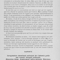 0089 - Page 69 - Deuxième séance. Allocution de M. Souligoux / Rapports. Invagination intestinale subaiguë de l’intestin grêle par tumeur bénigne pédiculée. Résection large. Anastomose latéro-latérale. Guérison, par MM. Bernard Desplas et Flandrin