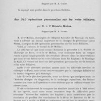 0090 - Page 70 - Deuxième séance. Rapports. Pancréatite hémorragique d’origine lithiasique sans cytostéatonêcrose. Intervention d’urgence : guérison. Cholécystectomie secondaire : guérison, par MM. Bernard Desplas et Ébrard / Sur 219 opérations personnelles sur les voies biliaires, par M. le Dr Ernesto Molina