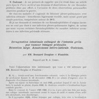 0141 - Page 121 - Séance du 30 janvier. Rapports. Thrombophlébite dite « par effort » de la veine axillaire, par M. L. Grimault / Invagination intestinale subaiguë de l’intestin grêle par tumeur bénigne pédiculée. Résection large. Anastomose latéro-latérale. Guérison, par MM. Bernard Desplas et Flandrin