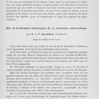 0465 - Page 445 - Séance du 26 mars. Rapports. Fracture du col chirurgical de l’humérus avec ascension du fragment diaphysaire dans l’aisselle. Réduction sanglante et cerclage à l’aide d’un ruban métallique de Lambotte. Résultat excellent en un mois et demi, par M. le Dr Autefage / Sur le traitement chirurgical de la péritonite tuberculeuse, par M. le Dr Alevizatos
