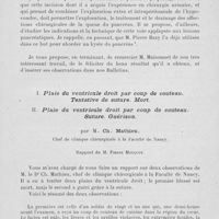 0629 - Page 609 - Séance du. 14 mai 1924. Rapports. Deux observations de blessures du pancréas par projectiles de guerre, par M. Maisonnet / I. Plaie du ventricule droit par coup de couteau. Tentative de suture. Mort / II. Plaie du ventricule droit par coup de couteau. Suture. Guérison, par M. Ch. Mathieu