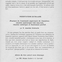 1163 - Page 1143 - Séance du 10 décembre 1924. Communications. Application intravaginale de radium. Six mois après, cancer de la cloison recto-vaginale, par M. Raymond Grégoire / Présentations de malades. Fracture de l’extrémité supérieure de l’humérus ; résultat anatomique très mauvais, résultat esthétique et fonctionnel parfait, par M. Anselme Schwartz / Abcès du foie suturé sans drainage, par MM. Pierre Delbet et J. Leveuf