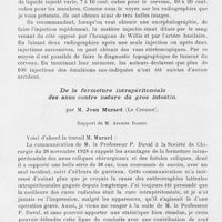 1036 - Page 1032 - Séance du 15 octobre 1930. Rapports. Nouvelle méthode de radiographie des artères et des veines sur le vivant, ses applications cliniques au diagnostic, par MM. Makoto Saïto, Kagumari Kamikawa et Hideyoshi Yanagizawa / De la fermeture intrapéritonéale des anus contre nature du gros intestin, par M. Jean Murard